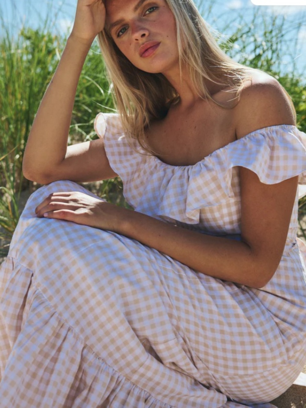 Louise New York Camille Dress In Tan Gingham Maxi Cotton — image 3 of 8